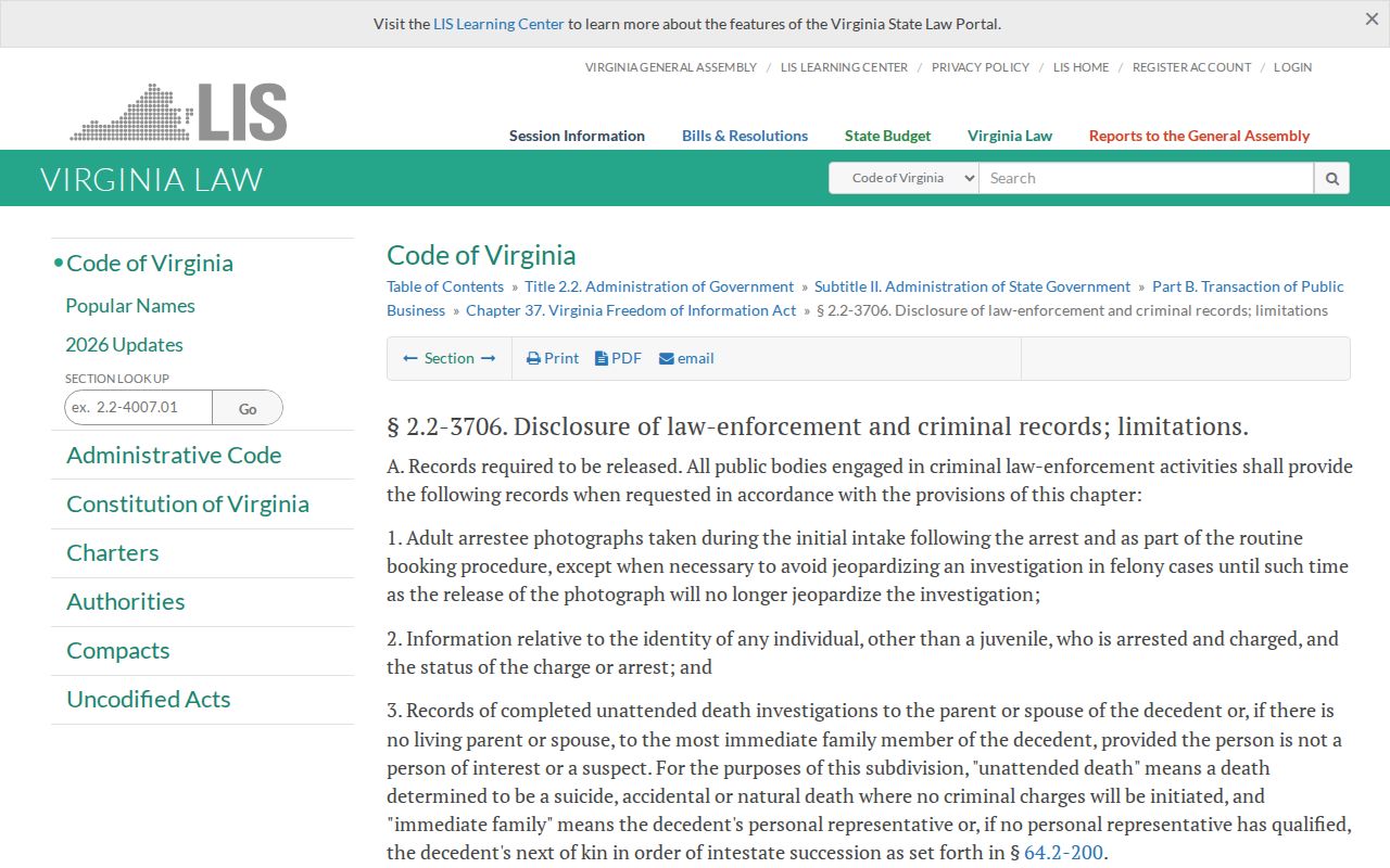 Virginia mugshot-access statute for Sussex County booking records